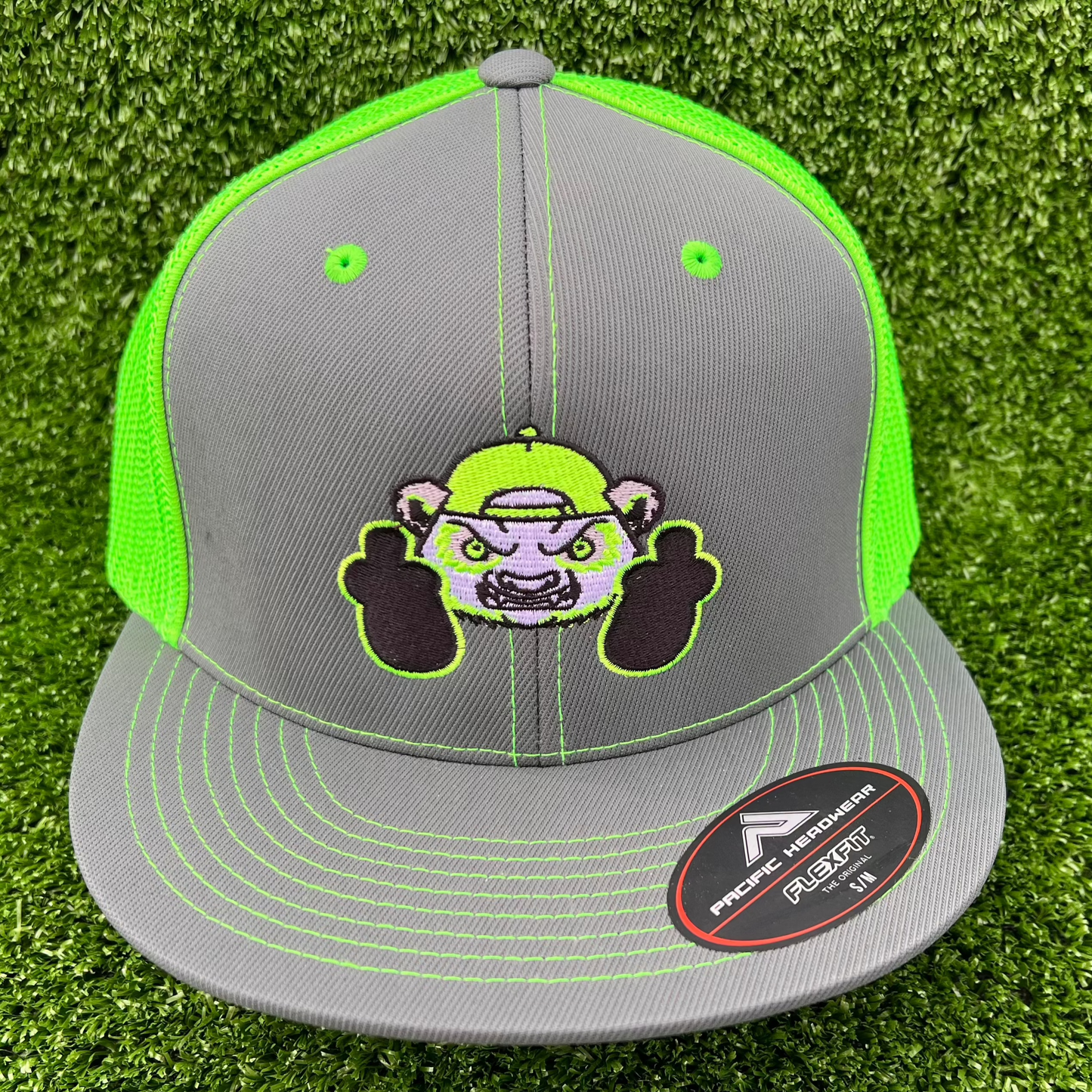 neon green and gray fitted hat cranky panda sports