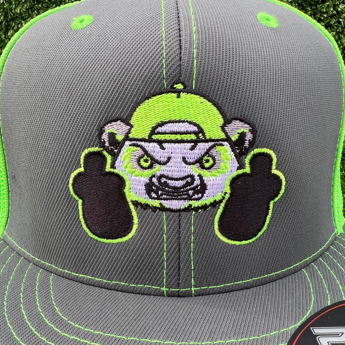 neon green and gray fitted hat cranky panda sports