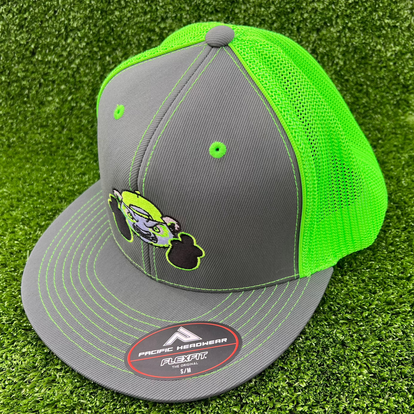 neon green and gray fitted hat cranky panda sports