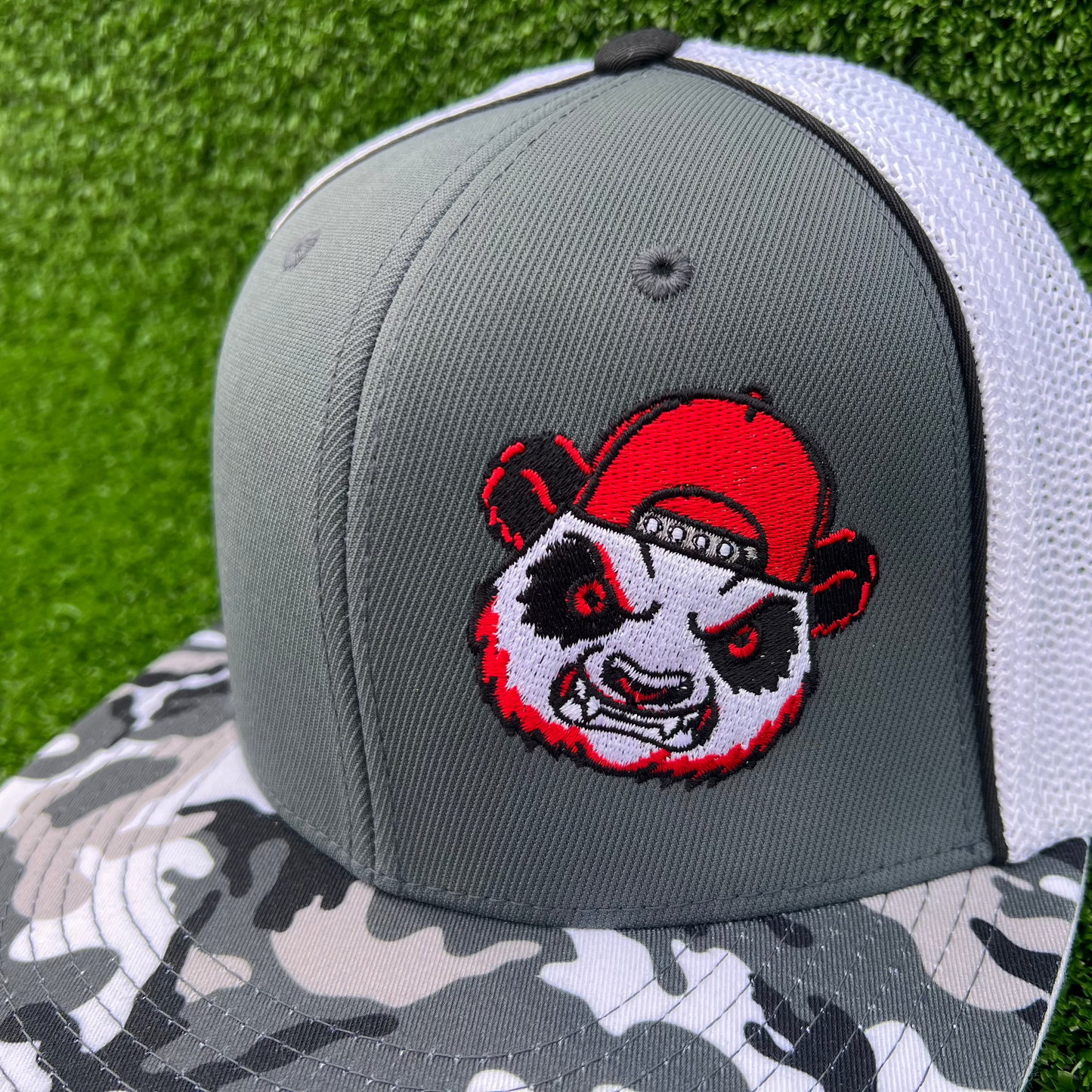 cranky panda sports fitted hat grey camo and white