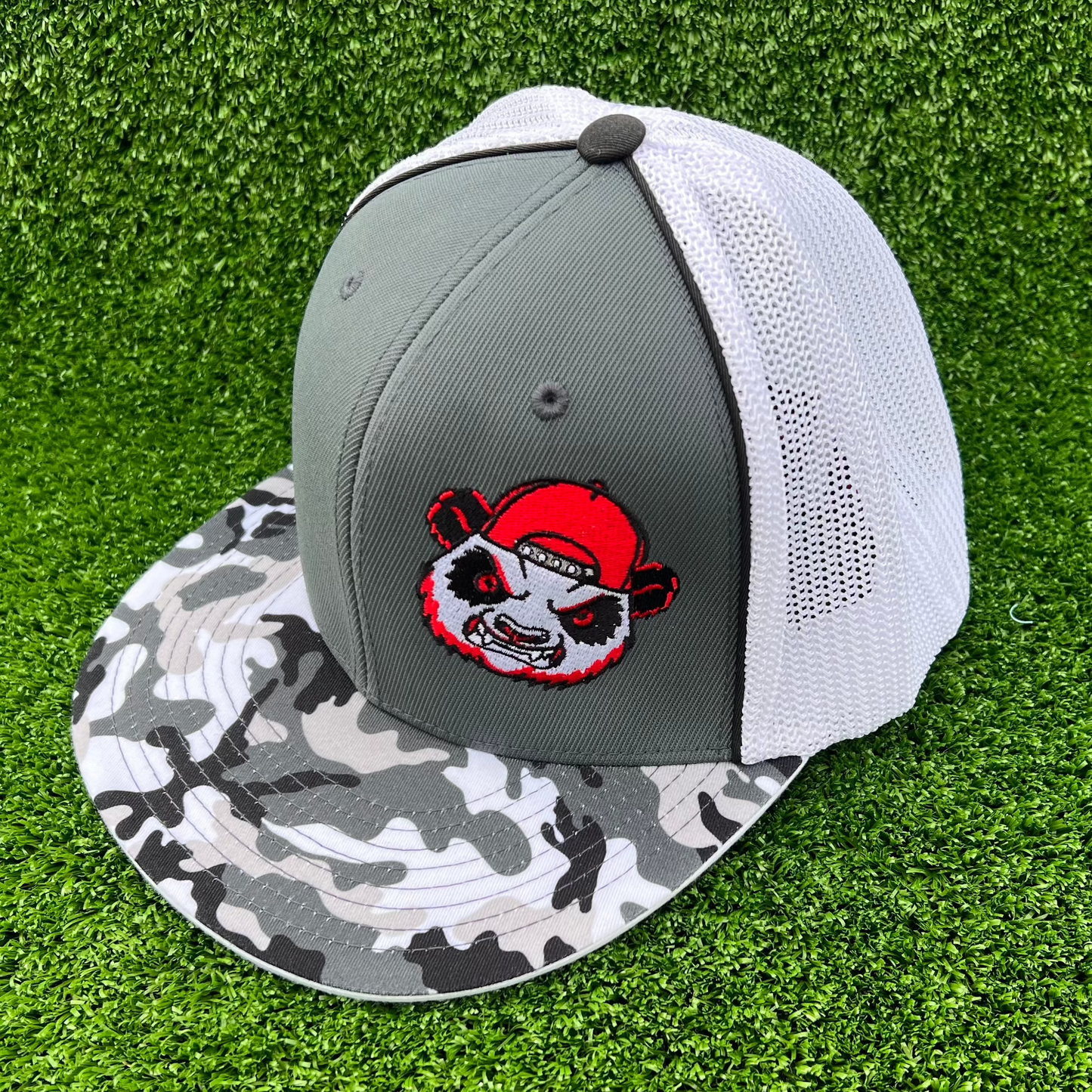 cranky panda sports fitted hat grey camo and white