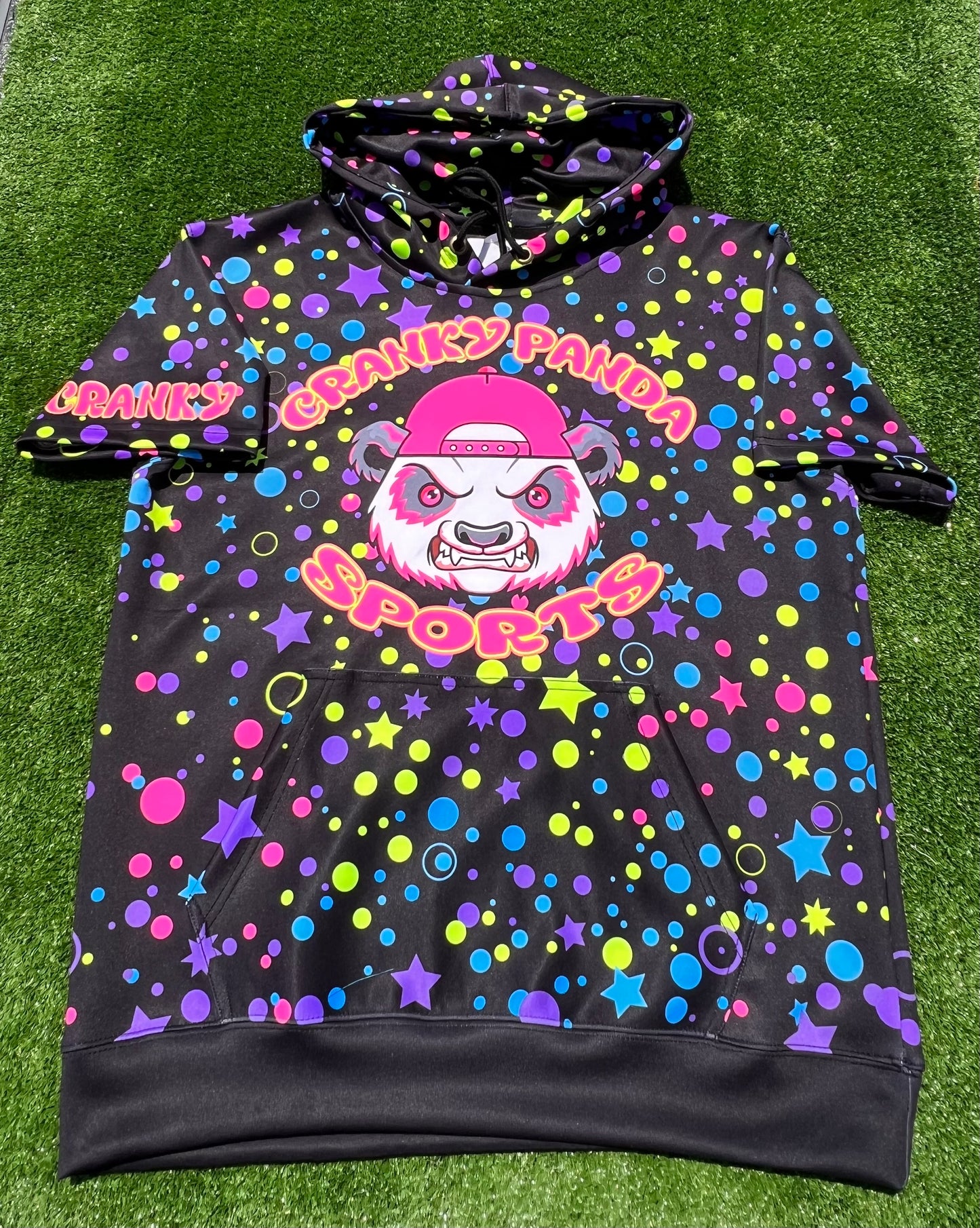 Black with Neon Stars Unisex Short Sleeve Scuba Hoodie