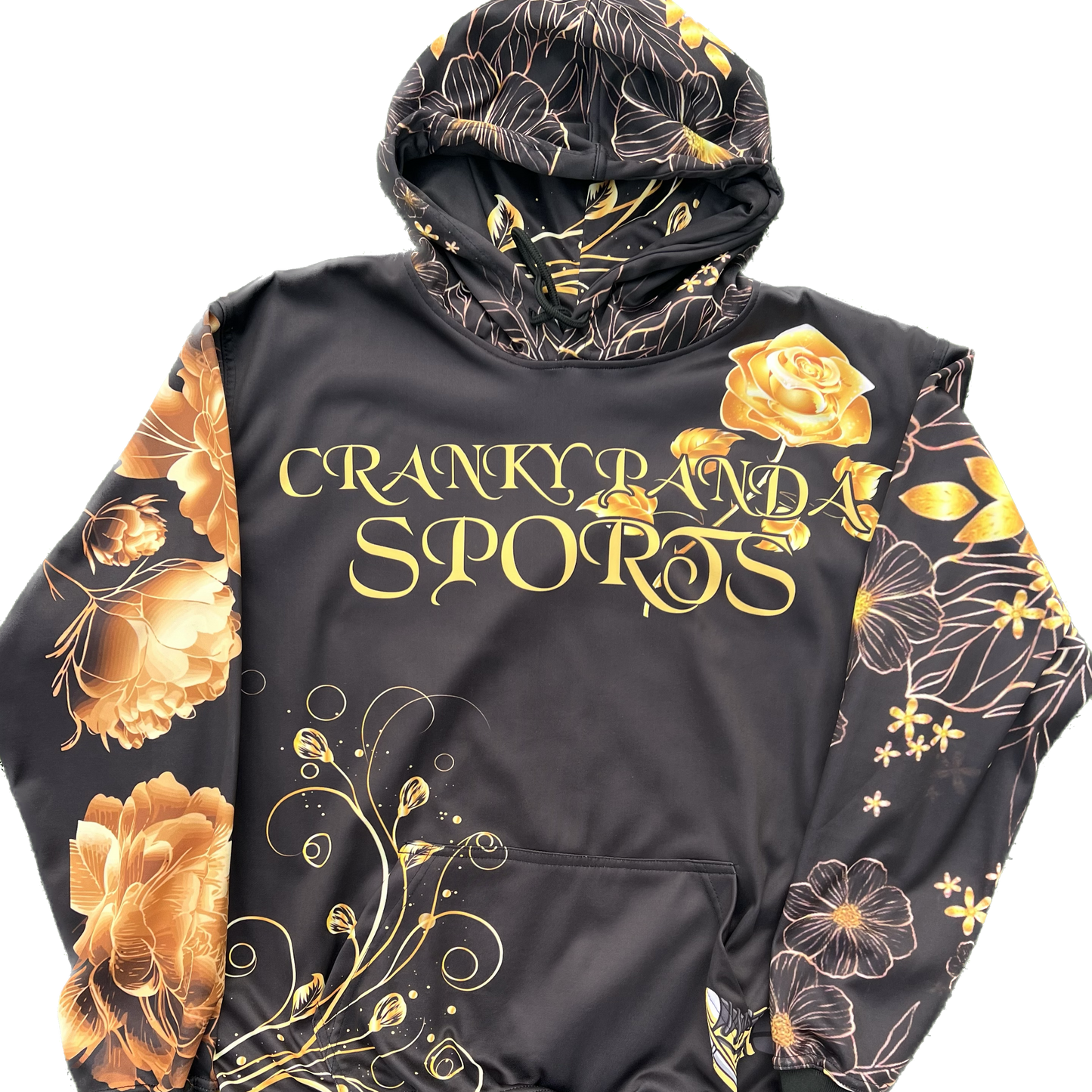 black and gold fleece hoodie flowers cranky panda sports cranky af