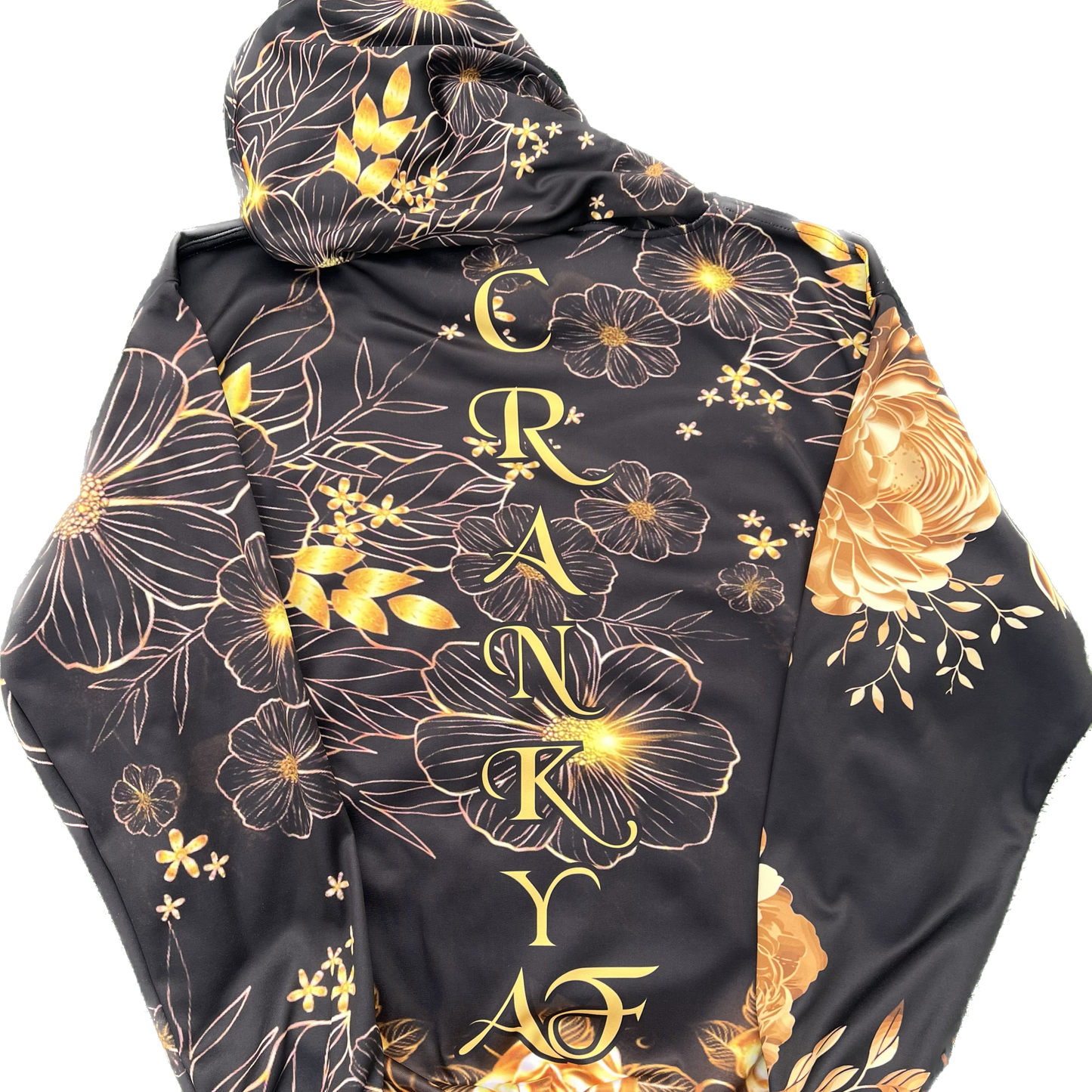 black and gold fleece hoodie flowers cranky panda sports cranky af