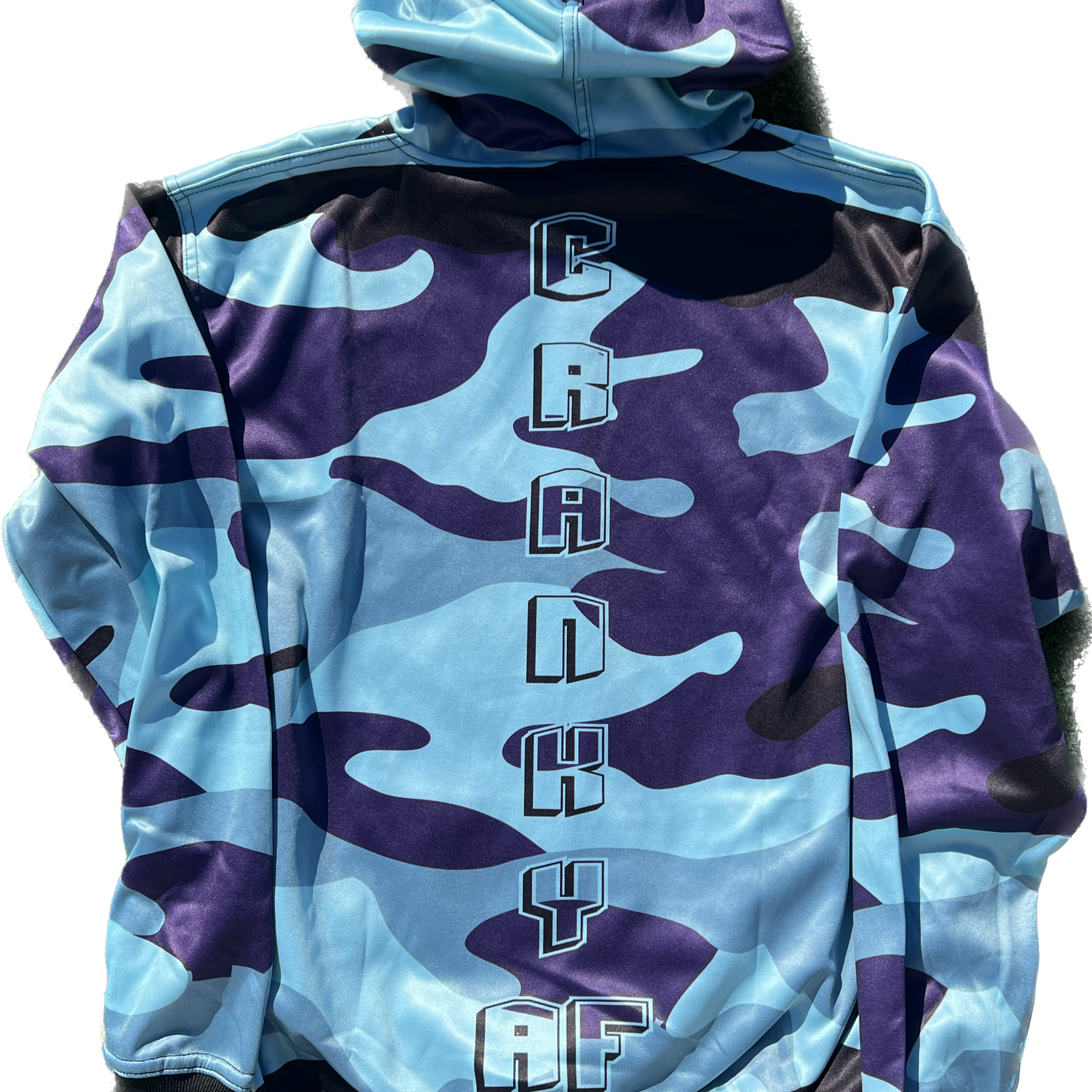 blue and purple camo fleece hoodie cranky panda sports