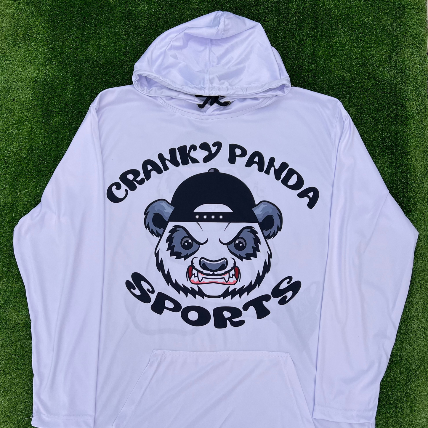 white unisex long sleeve hoodie cranky panda sports