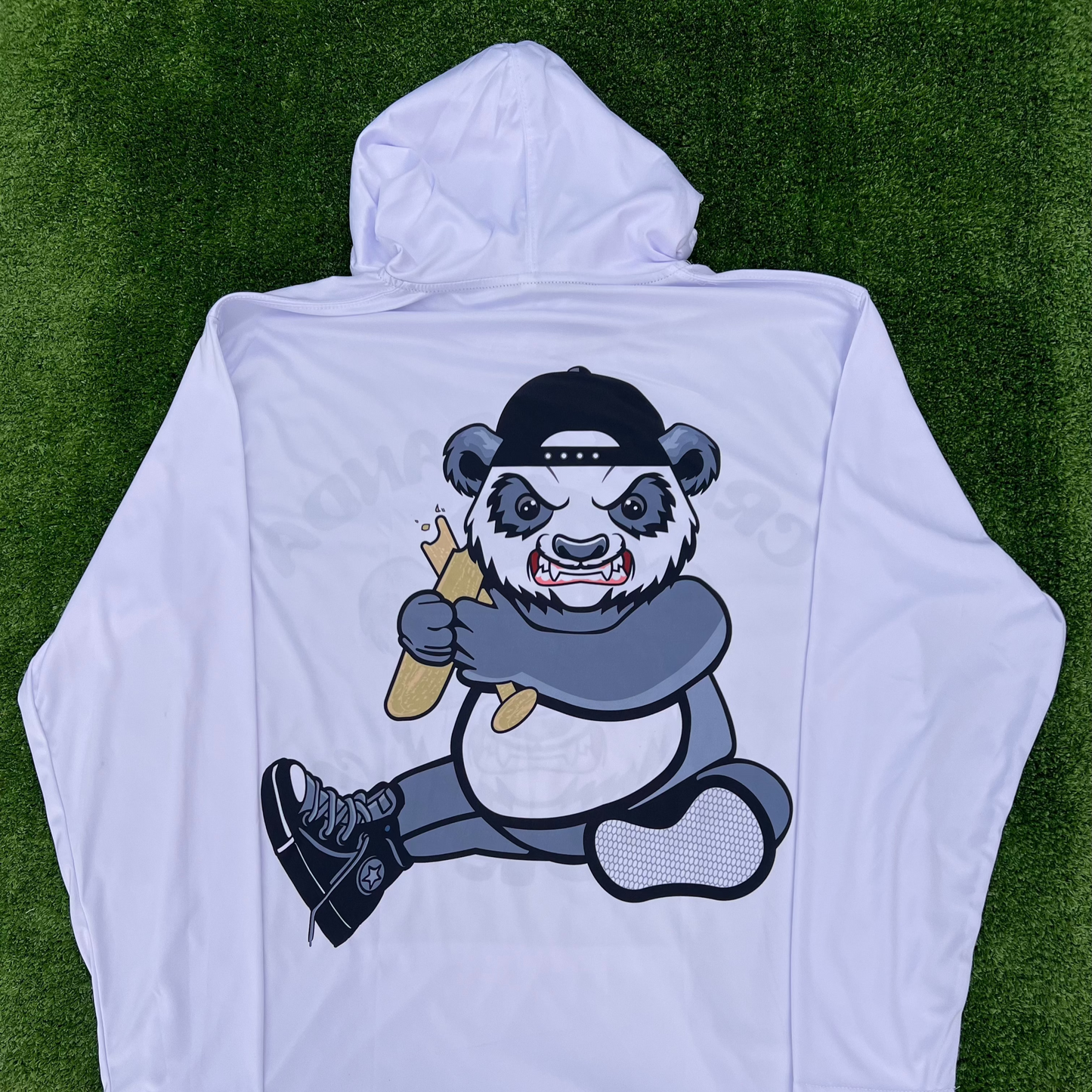 white unisex long sleeve hoodie cranky panda sports