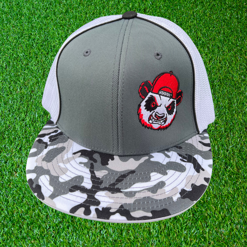 cranky panda sports fitted hat grey camo and white